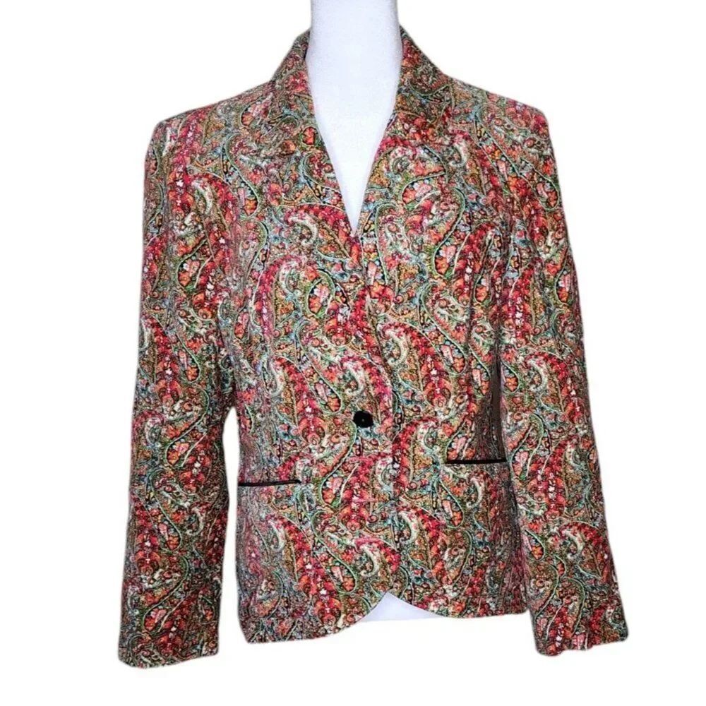 J Peterman Paisley Boho Velvet Blazer Womens Size 8 Red Multicolor